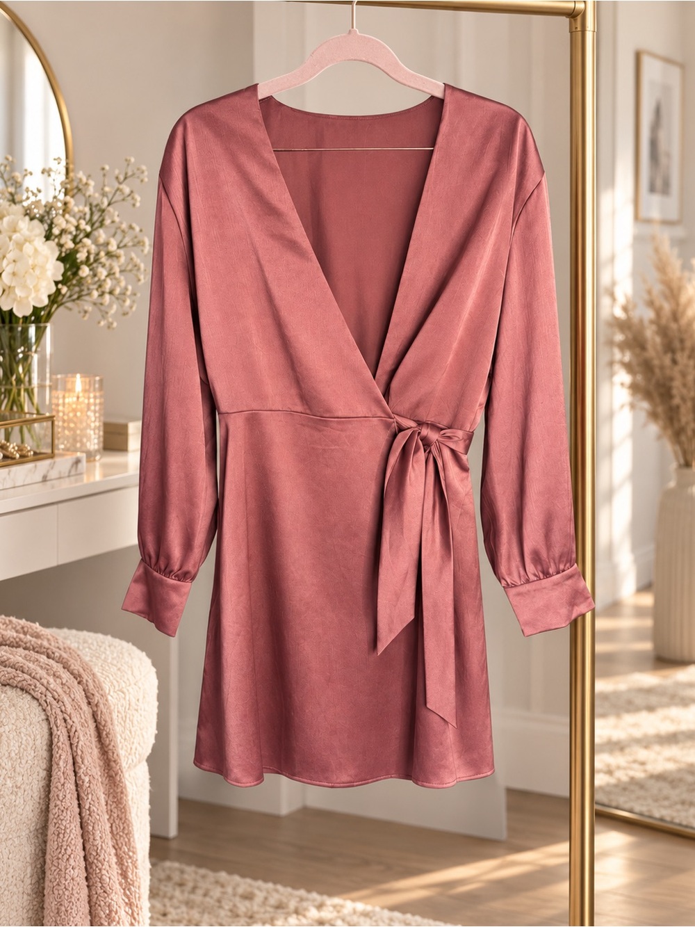 ASTR The Label Satin Wrap Mini Dress Rust Rose Long Sleeve Tie Waist Size Medium